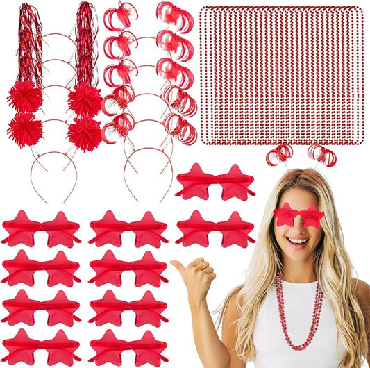 50 Pcs Red Holiday Team Spirit Party Accessories Pom Pom Party Headbands Star Shape Sunglasses Bead Necklaces Stuff Favors for Birthday Wedding Supplies(Classic)