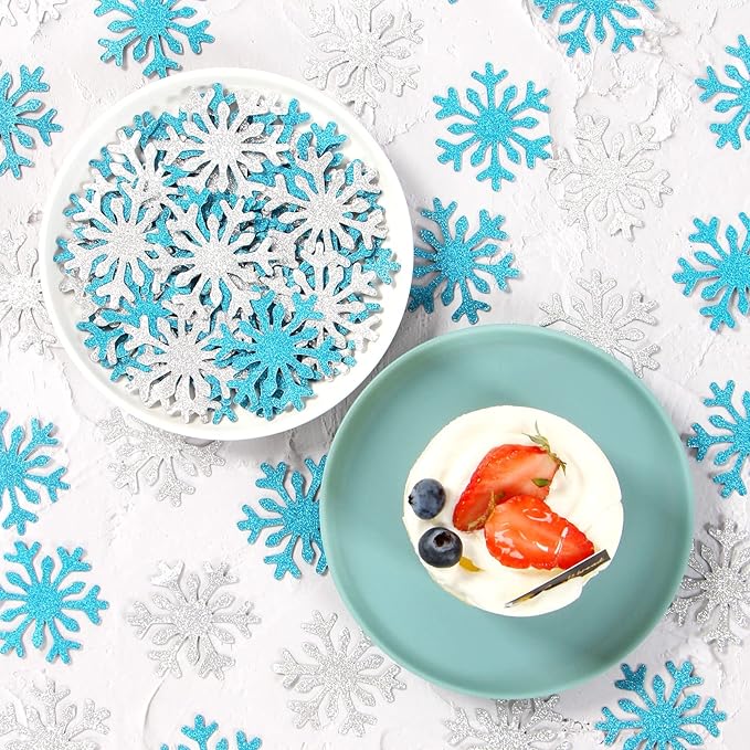 Snowflake Teal Silver Party-Decorations Frozen Confetti - 100pcs Glitter Paper decor Teal Blue Silver Christmas Table Confetti,Winter Wonderland Birthday Party Supplies New Year Decor Lasting Surprise