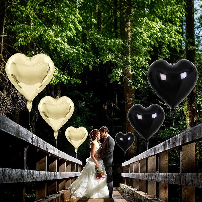 Black Gold Foil Heart Balloons, 18 Inch 10 Pcs Light Gold and Black Heart Shape Mylar Balloons Pastel Yellow and Black Heart Balloons for Birthday Graduation Valentines Baby Party Anniversary