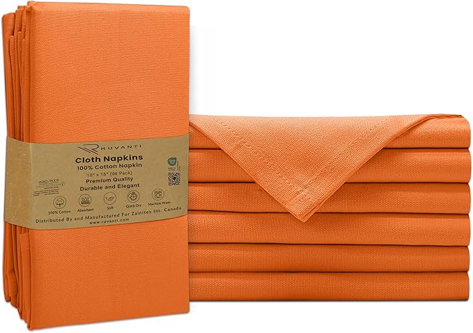 Ruvanti Premium Cloth Napkins Set of 6, 18x18 Inches, 100% Cotton, Washable, Soft & Absorbent, Perfect for Wedding, Christmas, ‎Thanksgiving Dinners - Orange Peel