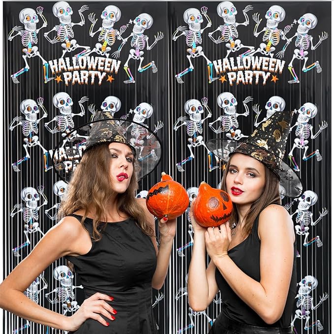 GOER Foil Curtain Backdrop for Halloween Party Decorations| Metallic Tinsel Halloween Theme Photo Booth Props (2 Pcs)