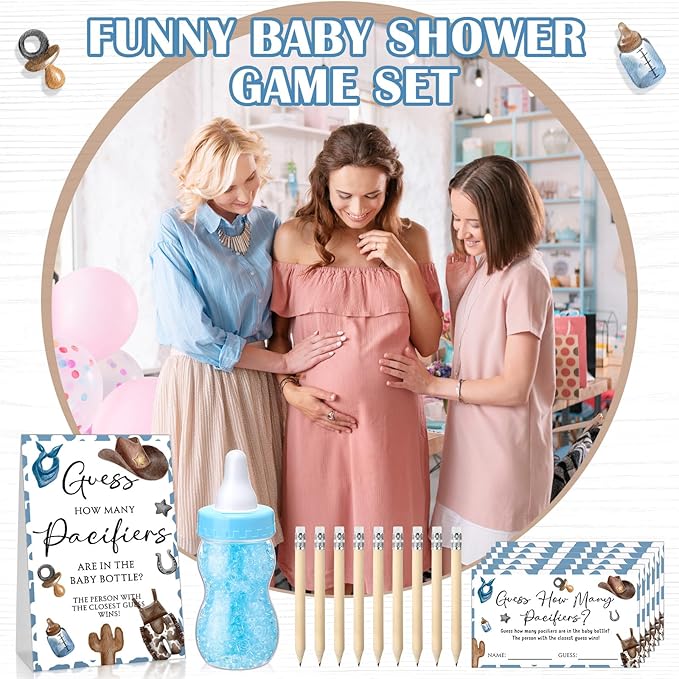 Roowest 512 Pcs Baby Shower Games Guess How Many Pacifiers Sign 100 Small Guessing Games 10 HB Pencils 750ml Milk Bottle 400 Acrylic Pacifiers Decoration for Guest Gender Reveal(Blue,Cowboy)