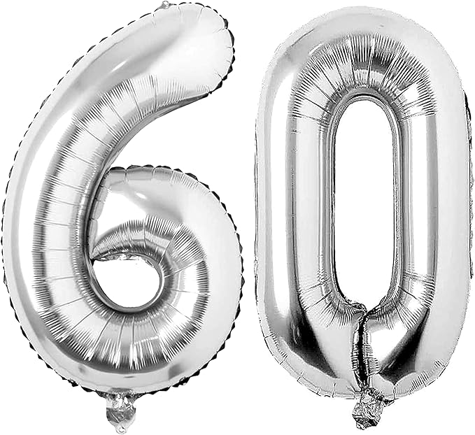 Silver 60 Number Balloons Big Giant Jumbo Large Number 60 Foil Mylar Balloons for Women Men 60th Birthday Party Supplies 60 Anniversary Events Decorations-40 inch