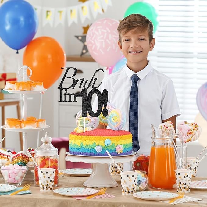 Bruh I'm 10 Cake Topper - Black Glitter Happy 10th Birthday Decorations for Boys Teens, Funny 10 Year Old Party Supplies, Bro I'm 10 Cake Decor (Bruh I'm 10！, 10th black)
