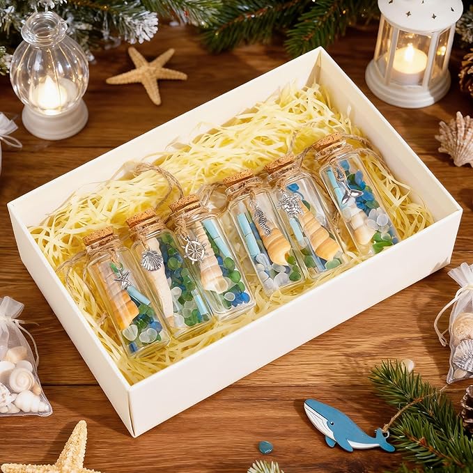 12Pcs Coastal Christmas Ornaments Set -Beach Shells Glass Bottles Keepsake with Mini Scrolls, for Home Christmas Tree Hanging Ornaments, Beachy Coastal Nautical Decor, Wedding Baby Shower Party Favors