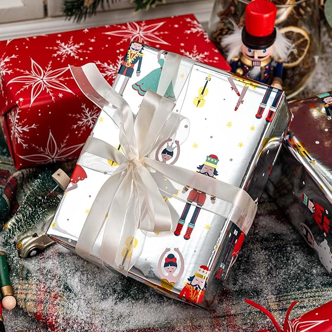 MAYPLUSS Christmas Wrapping Paper Roll - 17IN X 33FT - Nutcracker Gift Wrapping Paper Featuring Ballet Guitar Gold Star Reversible Snowflake for Kids, Holiday, New Year