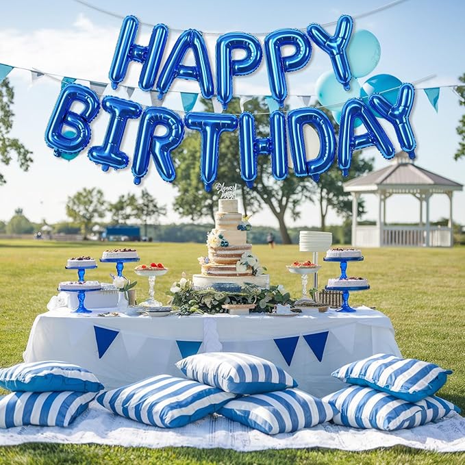 Happy Birthday Balloons Letters Banner, Blue Happy Birthday Bunting Balloon, 16 Inch Self Inflating Birthday Mylar Foil Balloons Banner with Ribbon for Boys Men Birthday Party Decorations Supplies