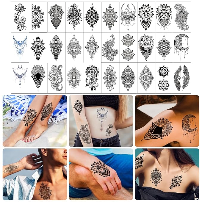 Yazhiji 48 Waterproof Temporary Tattoos For Adult, Mandala Vintage Black Lotus Temporary Tattoos for Men Women, Full Arm Fake Tattoo Bohemia Mandala Flower Fake Arm Tattoos for Boys Girls