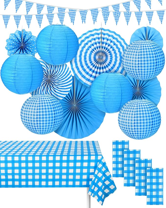 Hortsun 18 Pcs Blue and White Gingham Christmas Party Supplies Include Paper Lanterns Plastic Tablecloth Pennant Banner Paper Fans Christmas Picnic Decor for Holiday Party Home Dining Room