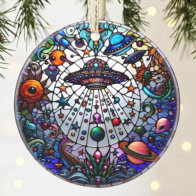 UFO&Alien 3.5 Inch Ceramic Christmas Hanging Ornament - Tree Decoration, Gift Exchange Present