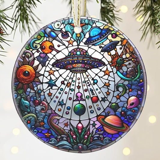 UFO&Alien 3.5 Inch Ceramic Christmas Hanging Ornament - Tree Decoration, Gift Exchange Present