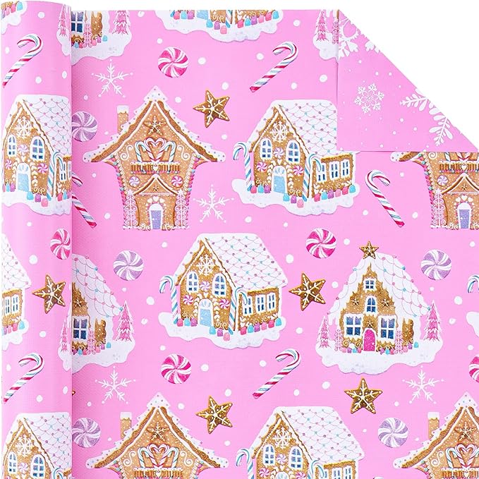 WRAPAHOLIC Reversible Gingerbread Christmas Wrapping Paper - Mini Roll - 17 Inch x 33 Feet - Pink Gingerbread House and Snowflake with Embossed for Christmas, Holiday, Party Celebration