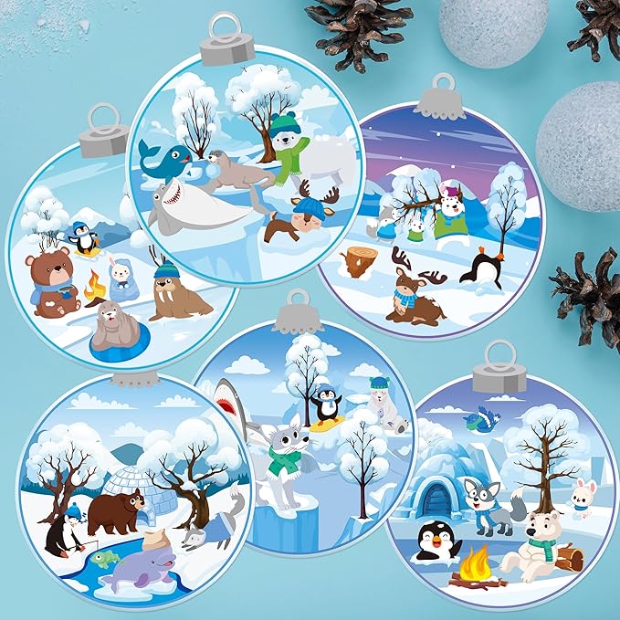 CY2SIDE 12 Set Winter Polar Animal Sticker Scene for Kids Make A Winter Scene with Polar Animals Make Your Own Snowy Bear Sticker Craft DIY Art Crafts for Kids Holiday Class