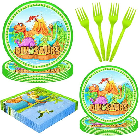 96 PCS Dinosaur Party Supplies - Birthday Tableware Set With Plates, Napkins, Forks for 24 Guests - Dino Themed Decorations