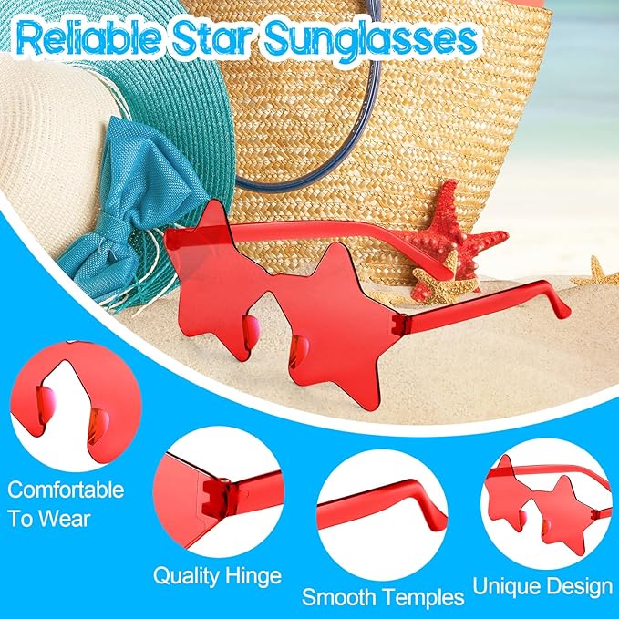 PLULON 15 Pairs Star Sunglasses Rimless Star Shape Sunglasses, Colorful Star Glasses Bulk Bachelorette Party Favors for Birthday Beach Kids Adult - Red