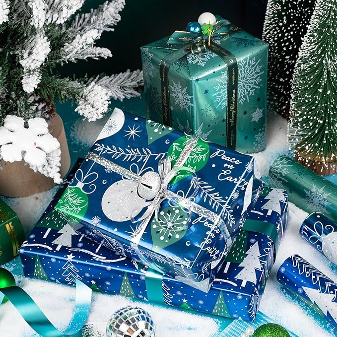 MAYPLUSS Christmas Wrapping Paper Roll - Mini Roll - 17 inch X 120 inch Per roll - Blue & Green Holiday Ornaments, Holiday Tree, Snowflakes with Glitter Metallic Foil Design(42.3 sq.ft.ttl)