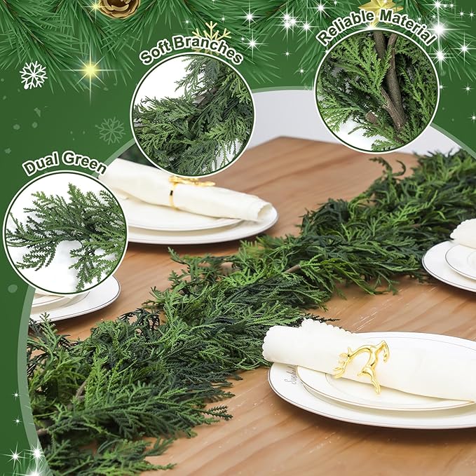 Jutom 1 Pcs 9 ft Christmas Cedar Garland Greenery Realistic Cedar Pine Needles Garland Artificial Decoration for Table, Mantel, Wall, Home Winter Holiday Party Decor