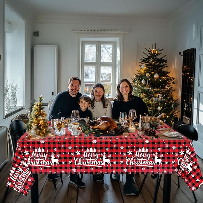 Mornajina 4 Pack 108 x 54 Inch Buffalo Plaid Plastic Tablecloths Rectangle Disposable Xmas Tablecloths Christmas Table Cover for Christmas Party Decoration