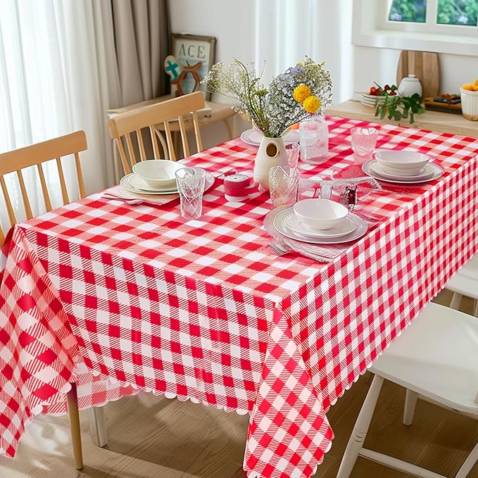 3 Pack Red and White Checkered Tablecloth, 54 X 108Inch Plastic Red Gingham Table Cloth Disposable Spring Picnic Tablecloths Waterproof Red Checkered Table Cover for BBQ Picnic Barbecue Birthday Party