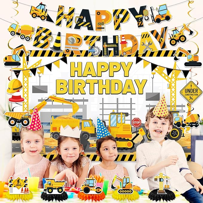Construction Birthday Party Supplies, Truck Theme Party Decorations Include Happy Birthday Banner, Backdrop, Hanging Swirls, Honeycomb Centerpieces, Construction Birthday Party Supplies for Boys Kids