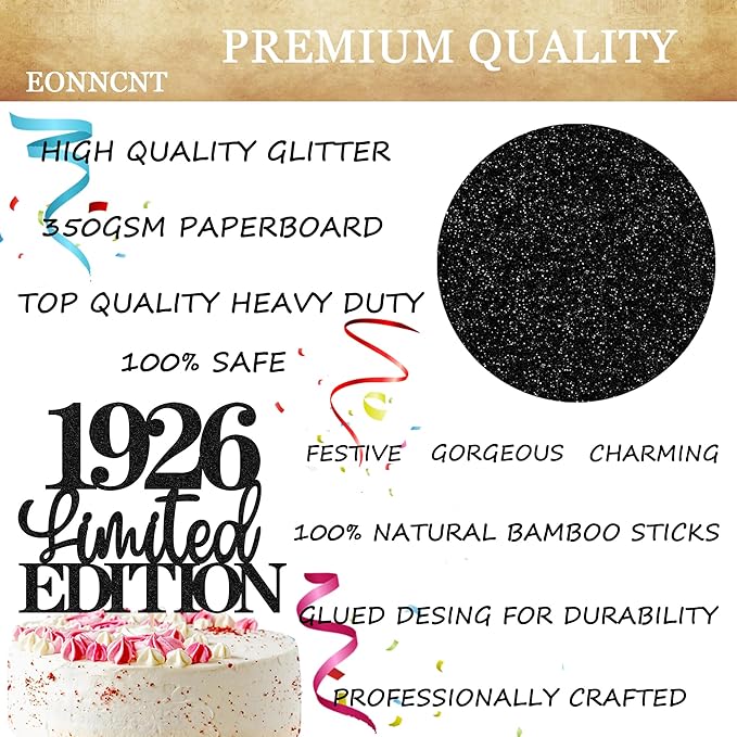 Limited EDITION 1926 Cake Topper - Black Glitter Happy 99th Birthday Party Cake Decoration Supplies, Cheer to 99 Years Cake Bunting Decor for 99th Birthday Party Photo Booth Props