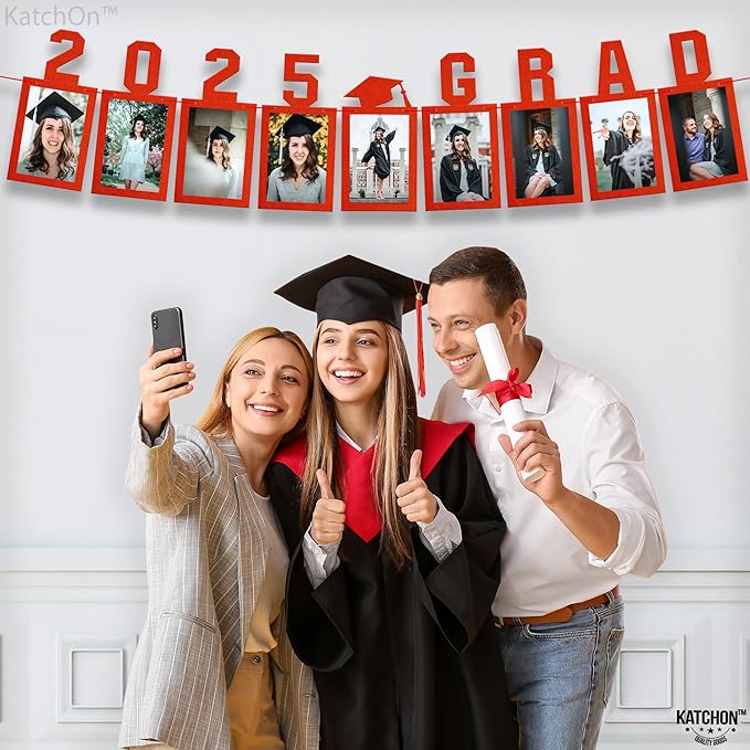 KatchOn, Red Graduation Photo Banner 2025 - Large, 10 Feet, 2025 Grad Banner | Graduation Banner Class of 2025 Personalized | Felt Graduation Picture Banner for Graduation Decorations 2025
