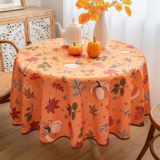 Thanksgiving Waterproof Tablecloth – Fall Harvest Pumpkins, Maple Leaves & Berries Print – Autumn Rectangle Table Cover for Dining or Party, Brown, 60" Round