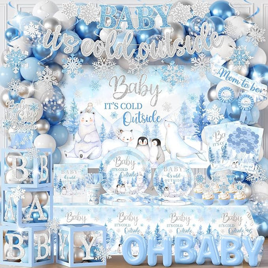 Baby Its Cold Outside Baby Shower Decorations,Pink Winter Wonderland Baby Shower Decorations Plates Napkins Cup Backdrop Banner Swirls Tablecloth Balloons Box for Boy Winter baby Shower Decorations