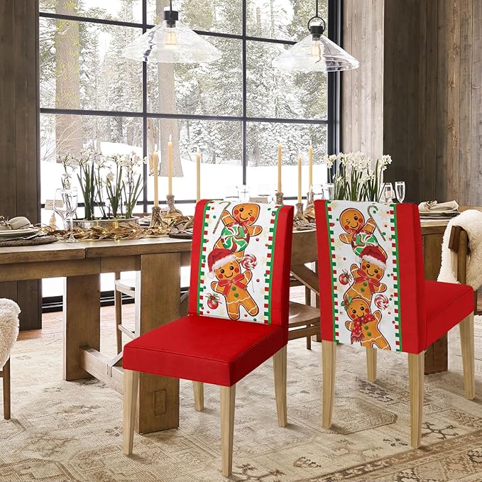 Horaldaily 8PCS Christmas Dining Chair Covers, Gingerbread Man Candy Cane Stretch Removable Washable Slipcover Chair Protector for Dining Room Home Decor