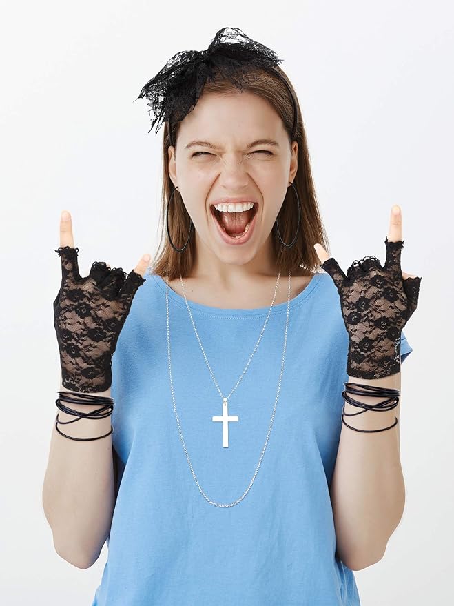 Blulu 80s Fancy Dress Costume Accessories Lace Headband Earrings Fishnet Gloves Necklace Bracelet for 80s Retro Party (Black)
