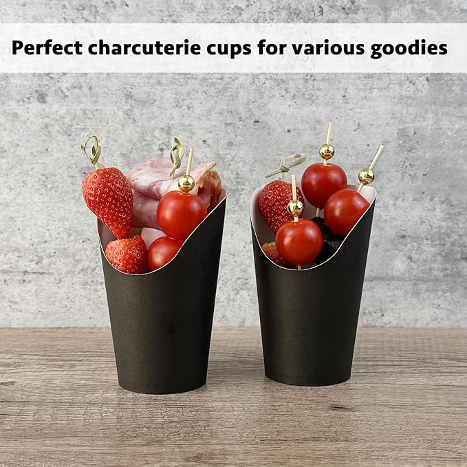 CAMKYDE 50 Charcuterie Cups + 200 Cocktail Picks + 56 Labels, 12 oz Disposable Charcuterie Cups with Sticks (2 Types), French Fry Cups Brown Paper Appetizer Cups for all Occasions（Black）