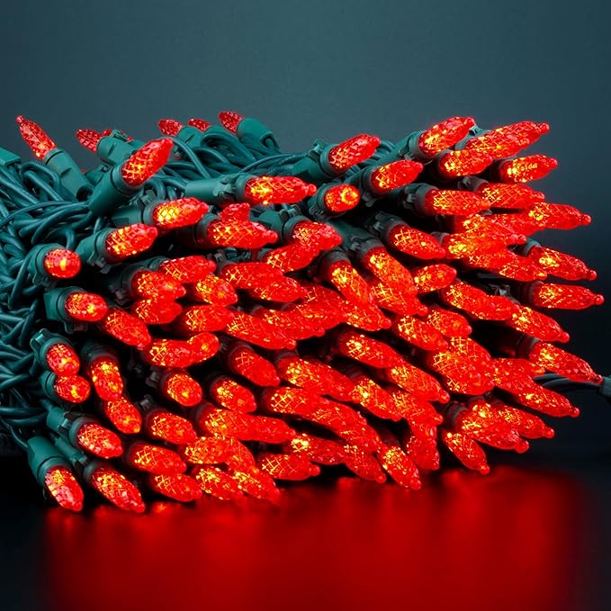 YULETIME Red Faceted LED Christmas Lights 200 Count 50 ft, Pack of 2 Strands 25 ft 100 Lights UL Certified Commercial Grade Green Wire Holiday String Light Set (Red)