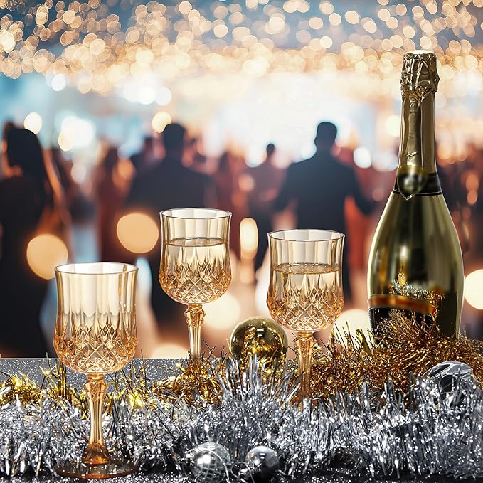 XUWAIDSGN 24 Pcs 7oz Plastic Vintage Wine Glasses Drinking Glasses Unbreakable Wedding Glassware Crystal Water Goblets Reusable Drinkware Vintage Champagne Flutes (24, Amber)