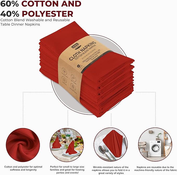 Utopia Kitchen Red Cloth Napkins [12 Pack, 20x20 Inch] Absorbent Cotton Blend Washable and Reusable for Dinner, Restaurant, Lunch, Wedding and Hotel