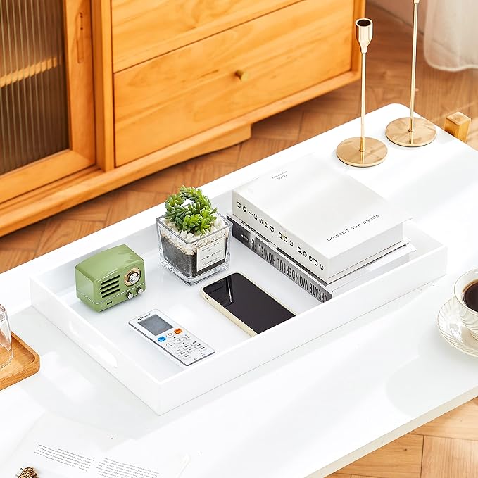 Glossy White Sturdy Acrylic Serving Tray with Handles 12x20x2H Inches -Spill Proof- Decorative Trays Countertop Organizer for Ottoman Coffee Table Nightstand, sidetable, Breakfast, Tea, Food
