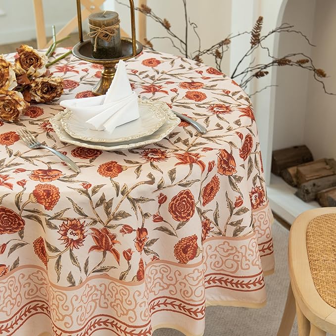 Valentine's Day Tablecloth 60" Round, Red Floral Waterproof Round Tablecloth Vintage French Style Home Decor, Elegant Floral Design, Stain Resistant, Perfect for Dining & Kitchen