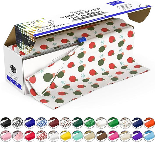Grandipity Plastic Tablecloth Roll - 54in x 100 Ft. Holiday Plastic Table Cloths for Parties Disposable with Cutter Box - Cut to Size Disposable Tablecloth Table Cover for Rectangle & Round