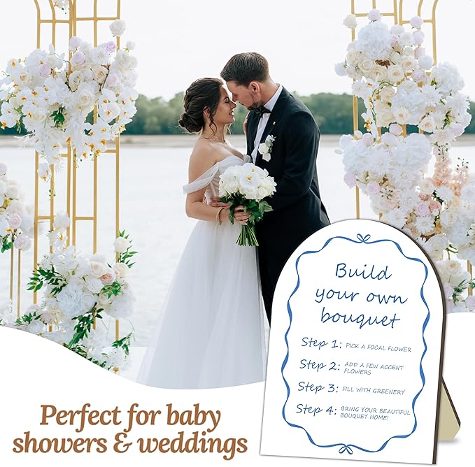 Blue Bow Ribbon Bouquet Bar Wooden Sign, Bride Shower Flower Bar Station, Baby Shower Bow Welcome Tabletop Sign Decor, Bridal Shower Bouquet Signs, Floral Table Signs for Gender Reveal Parties, 8x10