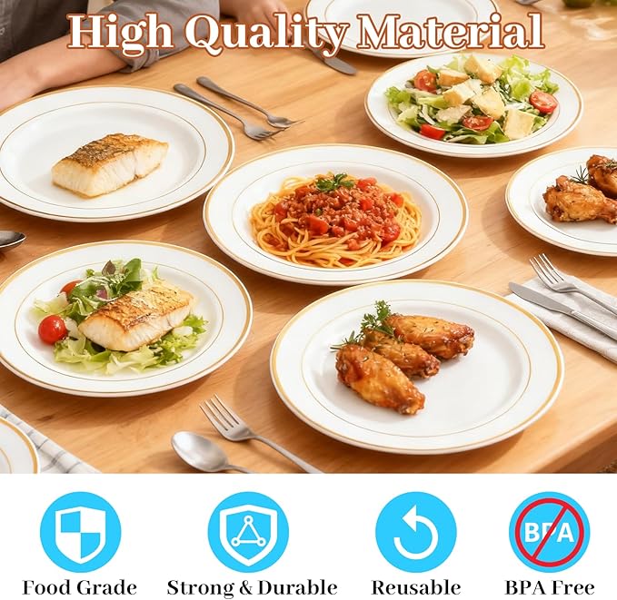 MENDENG 50PCS Gold Rim Plastic Plates for Party, 25x10.25 Dinner Plates & 25x7.5 Dessert Plates, Heavy Duty Disposable Plastic Plates for Wedding Party Thanksgiving Birthday