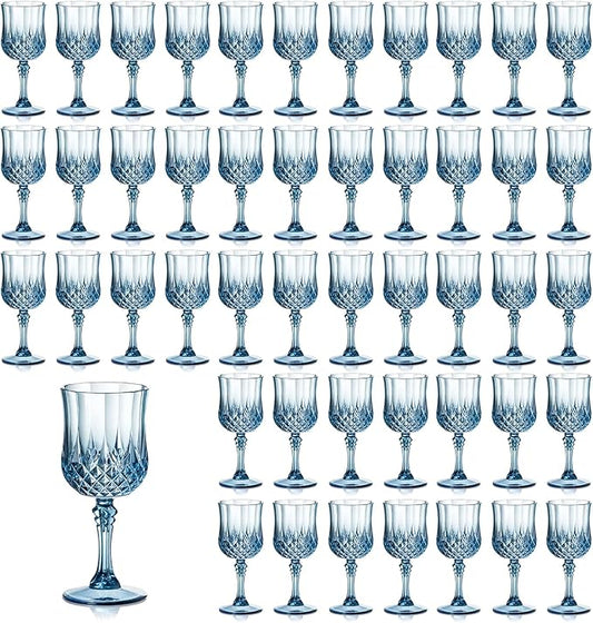 XUWAIDSGN 7oz Plastic Vintage Wine Glasses Drinking Glasses Unbreakable Wedding Glassware Crystal Water Goblets Reusable Drinkware Vintage Champagne Flutes (48, Blue)
