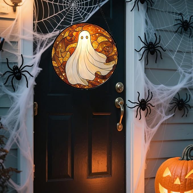 Stained Glass Window Hanging - Halloween Decoration White Ghost Robe Suncatcher for Door Garden Spooky Starry Sky Sun Catchers Gothic Decor Horror Gifts for Women Men Friend Boy Girl 7.8 in