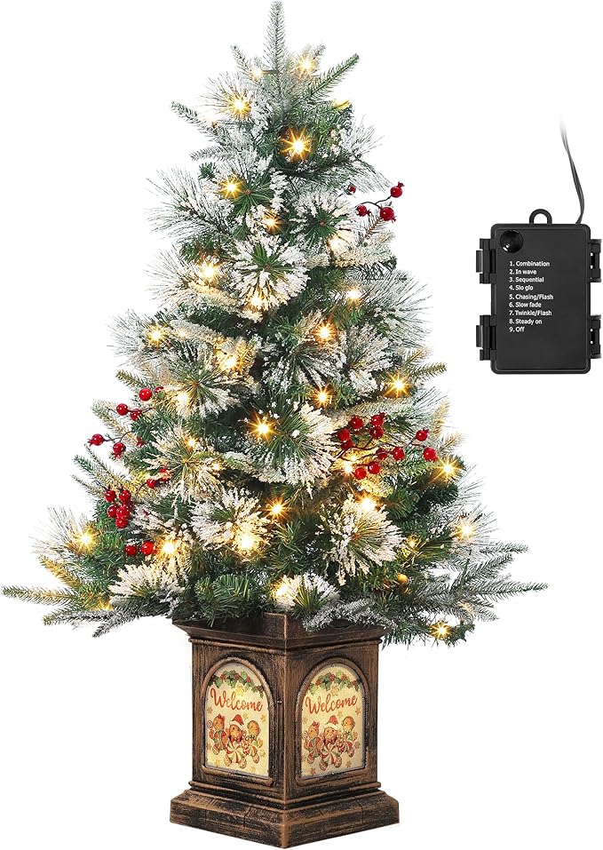 3 ft Prelit Premium Snow Flocked Artificial Christmas Tree with 8 Mode Warm White Led, Mini Prelit Xmas Pine Tree for Christmas Decoration,Yard,Home,Office,Outdoor,Indoor, Gingerman Rusty Base 2 Pack