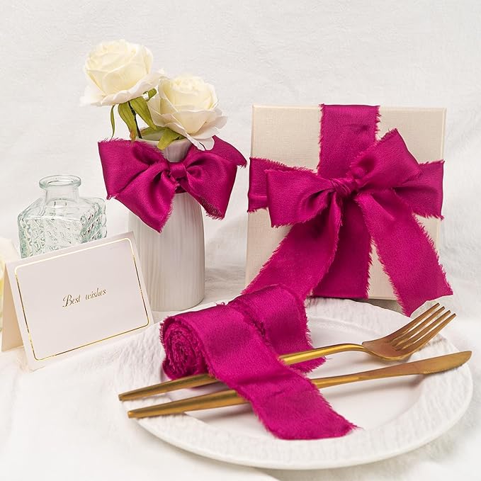 Satin Silk Ribbon, Hot Pink Ribbon for Wrapping, 1-1/2 inch x 15 Yd Handmade Frayed Fringe Ribbons, for Valentine's Day, Wedding Engagement Anniversary Shower Bouquets Invitation, 3 Rolls