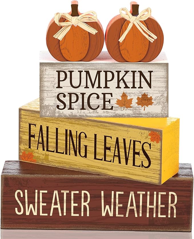 4 Pcs Thanksgiving Pumpkin Decor Fall Table Decoration Fall Tiered Tray Decor Thanksgiving Centerpiece Rustic Decorative Pumpkin Block Sign Gift Farmhouse Autumn Table Sign for Home