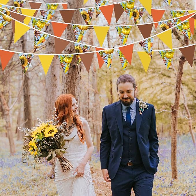 32Ft Orange Yellow Brown Banner Pumpkin Triangle Flag Fabric Pennant Garland Bunting for Happy Fall Decor Thanksgiving Day Harvest Autumn Wedding Birthday Party Home Outdoor Garden Hanging Decoration