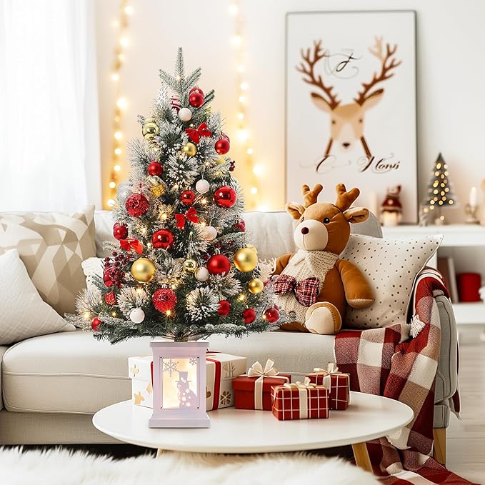3 ft Mini Christmas Tree with Premium 78 Warm White Led, 8 Mode Xmas Pine Tree for Christmas Decoration, Party Decoration, Home, Office, Snow Flocked White Base 2 Pack