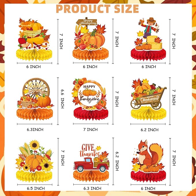 9PCS Thanksgiving Honeycomb Centerpiece Turkey Pumpkin Maple Leaves Honeycomb Thanksgiving Table Centerpiece for Thanksgiving Table Decoration Fall Autumn Theme Birthday Party Supplies