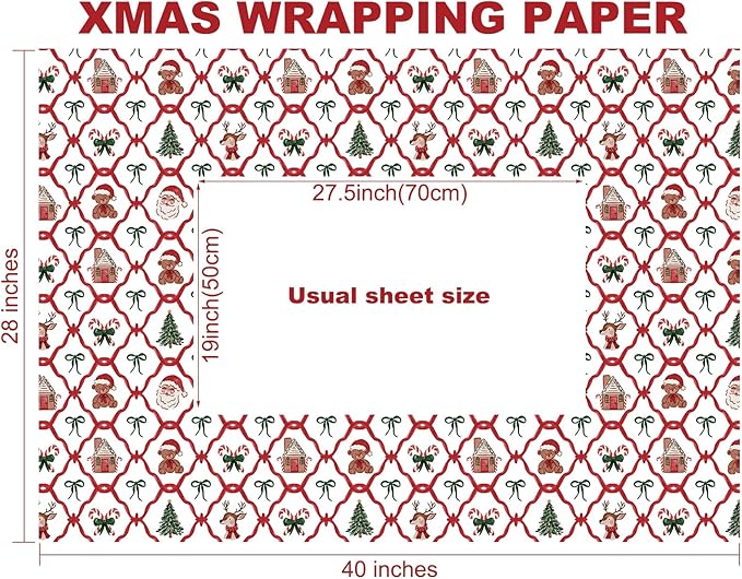 PlandRichW Christmas Wrapping Paper - Red & Green Santa Trellis with Reindeer, Gingerbread, Candy Canes & Teddy Bears - 40×28 Inch Xmas Gift Wrap, 4 Folded Sheets for Kids & Adults