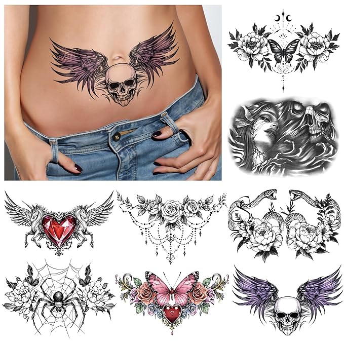 Yazhiji 13 Sheet Large Chest Underboob Temporary Tattoos for Adult, 8 Sheets Sexy Rose Flower Belly Tattoos Tramp Stamp for Women, 5 Sheets Body Scar Cover Fake Chest Tattoos Stickers for Men