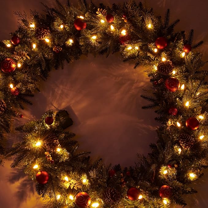 9FT Red Gold Christmas Garland Prelit with Battery Operated 50 LED Lights,Holiday Decoration Stairs Mantle Door Indoor Outdoor